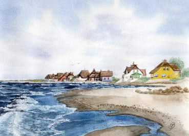 Postkarte DIN-A6   Aquarell Maritim Kunst Druck Kunstdruck Ostsee Heiligenhafen Insel Fehmarn Strand Meer Dünen